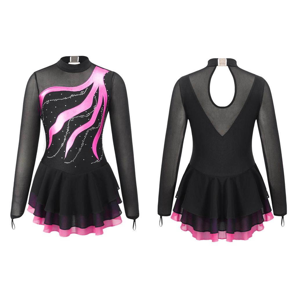 Детское платье для фигурного катания с длинным рукавом и стразами, с открытой спиной и расклешенной юбкой