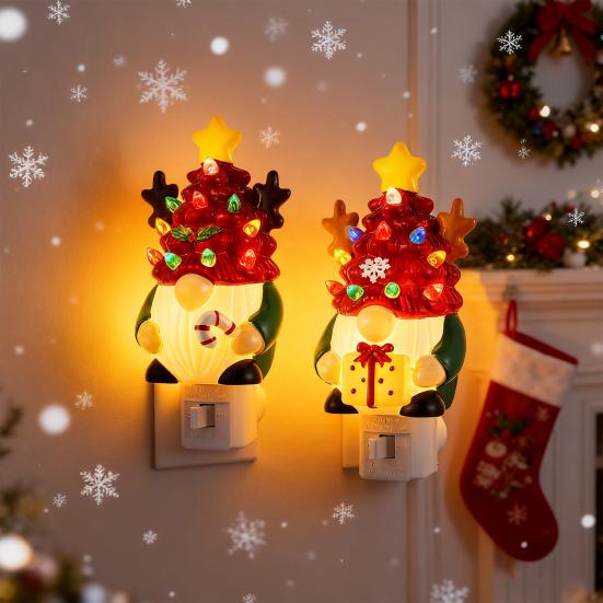 Christmas Gnome Night Light Resin Faceless Dwarf Xmas Tree LED Night Light with Multicolor Bulbs And On/Off Switch for Home Bathroom Bedroom Decor