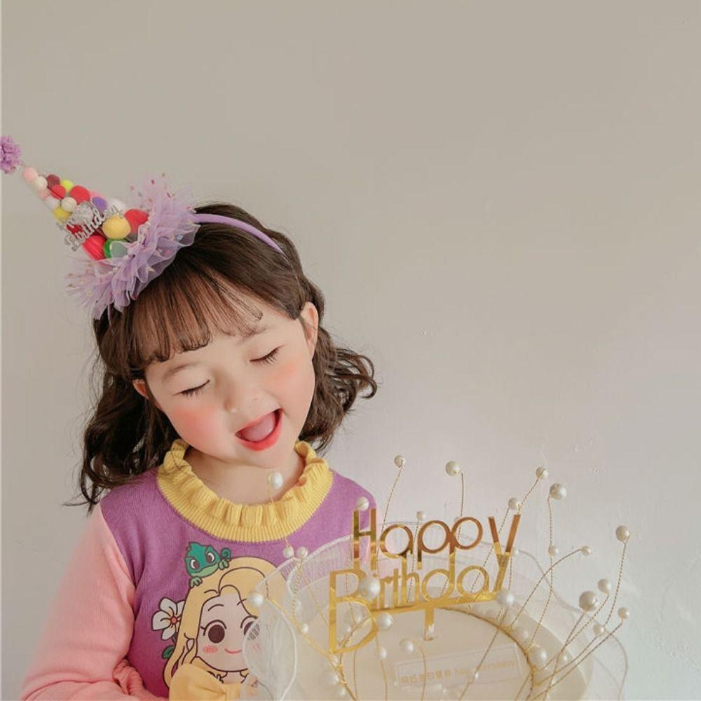 Разноцветная шляпа на день рождения, повязка на голову в корейском стиле, кружевной сетчатый обруч для волос, повязка для волос с днем ​​рождения, детская