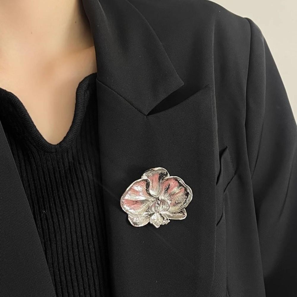 Vintage Orchid Flower Brooch Corsage Ornament Metal Glossy Brooch Butterfly Orchid Pin  Banquet