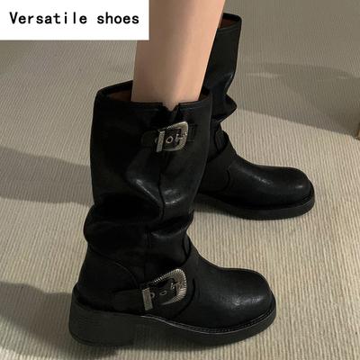 Винтажные женские ковбойские сапоги в западном стиле, модные полусапожки до середины икры, элегантные женские сапоги на толстом каблуке