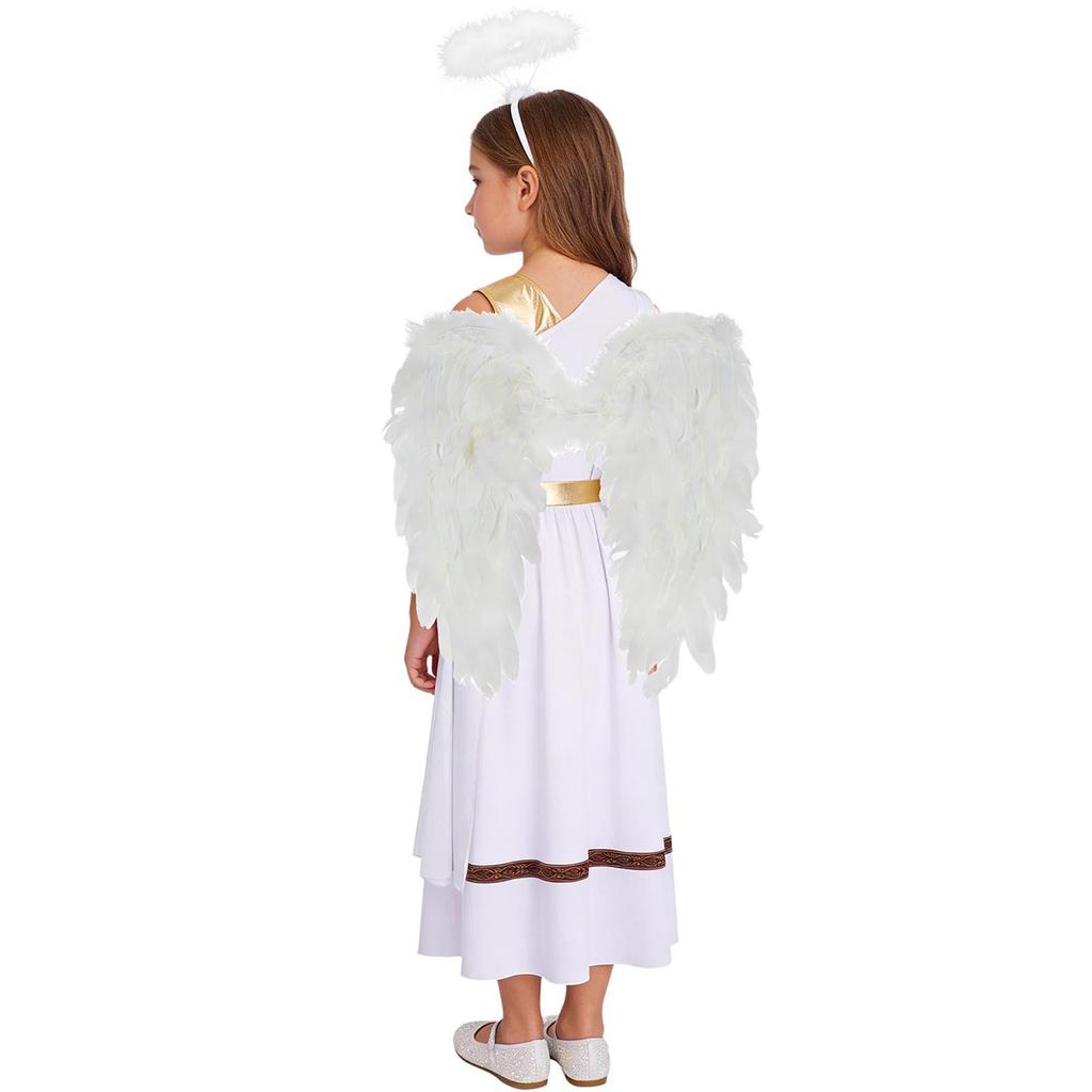 Girls 3 Pieces Greek God Roman Costume Outfit Metallic Gloss Patchwork Sleeveless Dress with Feather Angel Wings and Hair Hoop Cosplay Stage