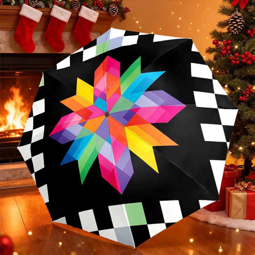 Windproof Umbrella with Rainbow Geometric Star Quilt Block Pattern, Black Checkered Canopy, Bold Modern Rain Gear