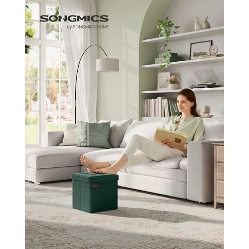 SONGMICS Folding Small Ottoman Footrest, 11.8-inch Cube Ottoman with Storage, 280 Lb Weight Capacity, Retro Green, ULSF028C01