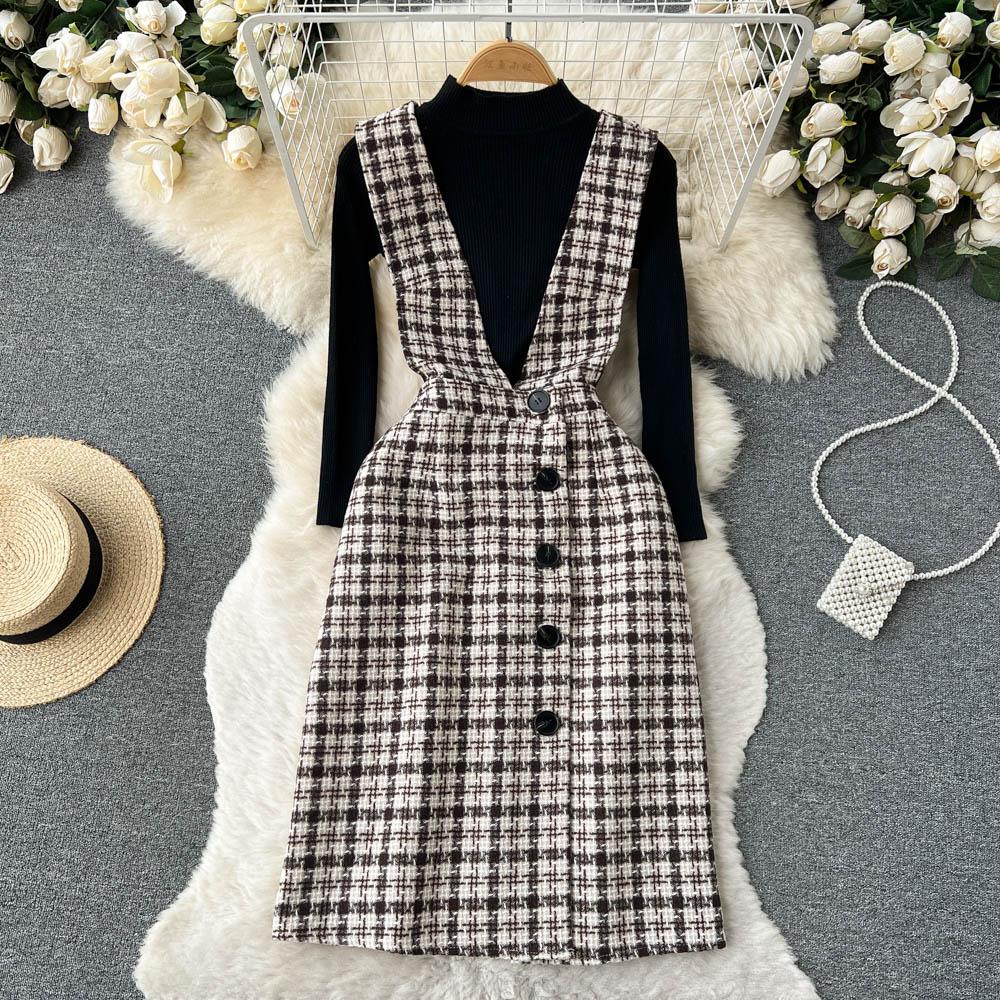Autumn And Winter Fashionable Knitted Sweater + Bird Check Single-Breasted Straps Skirt Two-Piece Set