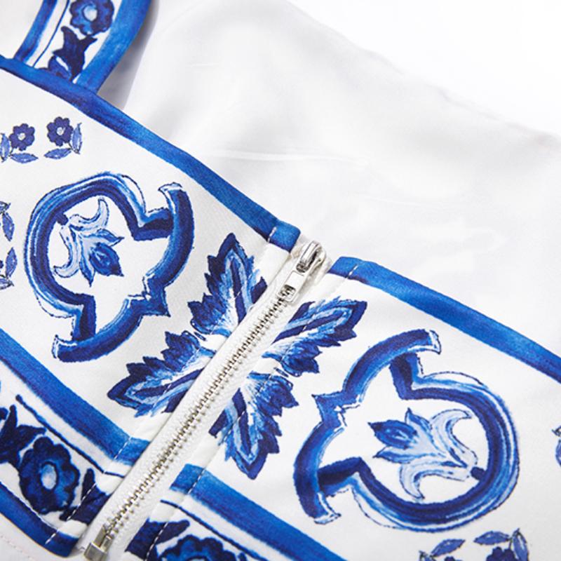 Элегантный комплект из двух предметов с фарфоровым узором, женский короткий укороченный топ с цветочным принтом, плиссированные макси-юбки, костюмы, женские лоскутные винтажные комплекты с ремешками, 2024