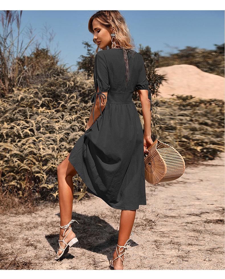 Платье миди в европейском и американском стиле с V-образным вырезом, однотонное, летняя, с коротким рукавом, женская одежда