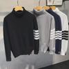 Couples' Slim Fit Knitted Turtleneck Pullover with Four Stripes and Long Sleeves