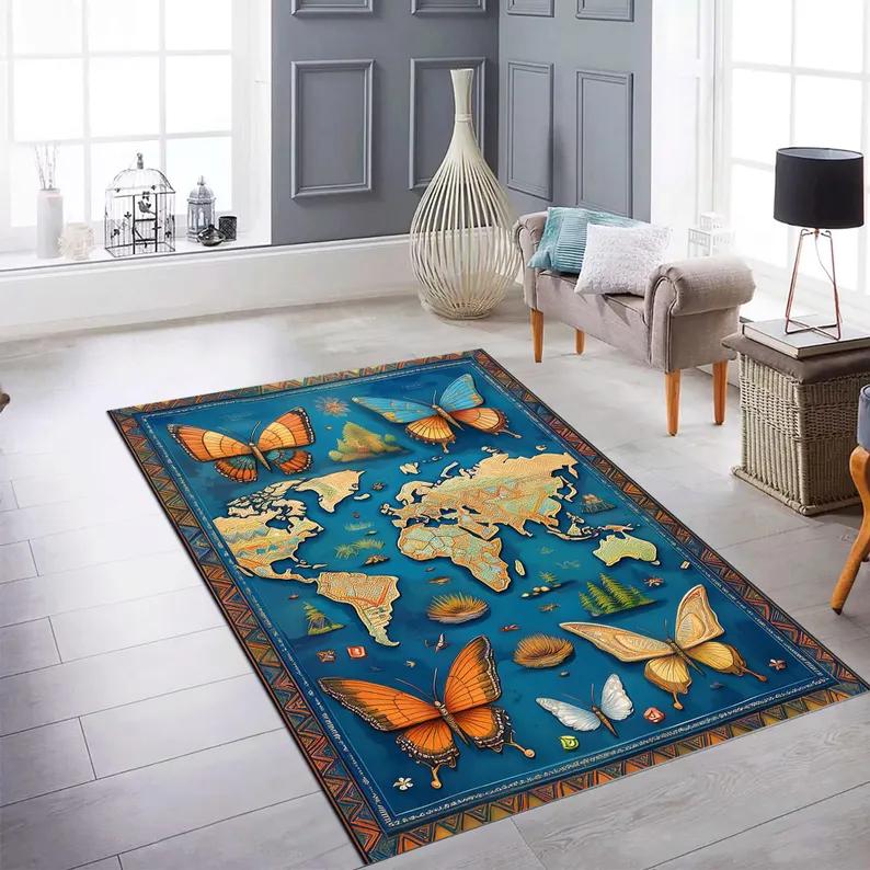 Butterfly Postcard Rug Decor Non-Slip Area Carpet Carpet Mat Rug Home Decor Blue Soft Floor Mat Non-Slip Living Room Ripple Art