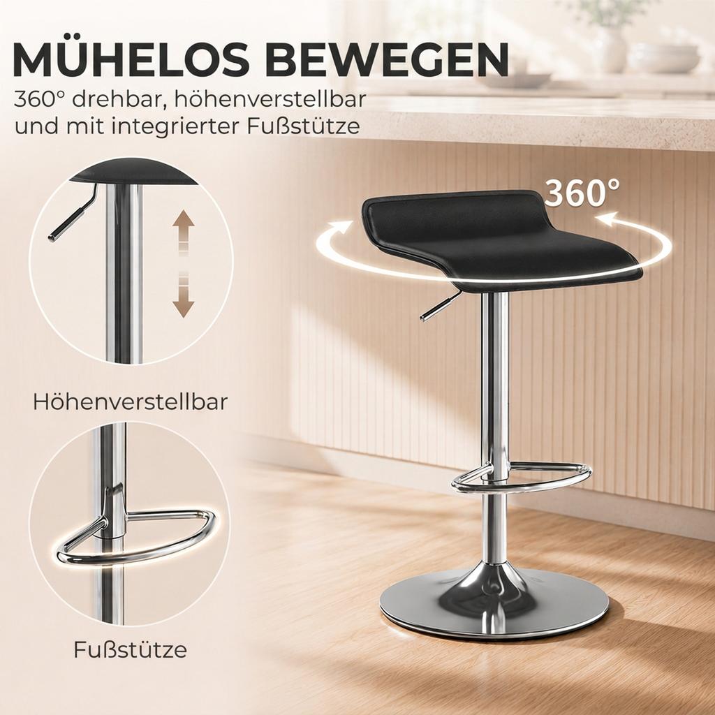 Bar Stool 360 degrees Swivel Bar Chair with Silver Steel Frame, Height-Adjustable Kitchen Chair with Footrest, Black