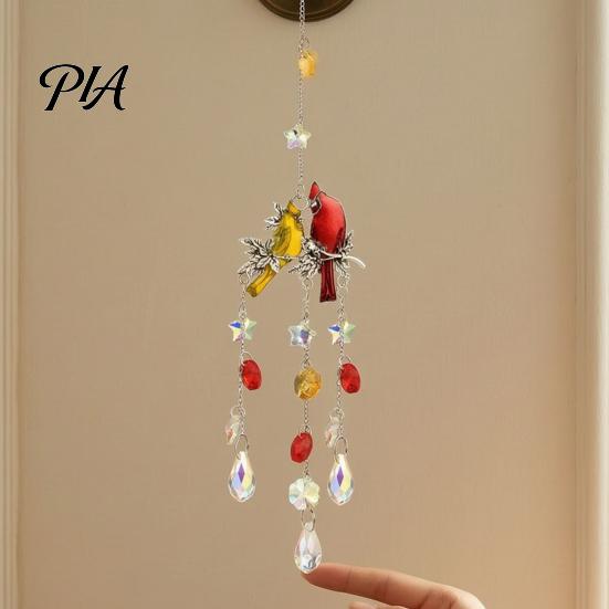 Indoor Outdoor Hanging Decor Cardinals Faux Crystals Suncatcher, Sun Catcher for Windows, Bird Wind Glass Patio Chimes with Chain, Prism Rainbow Maker