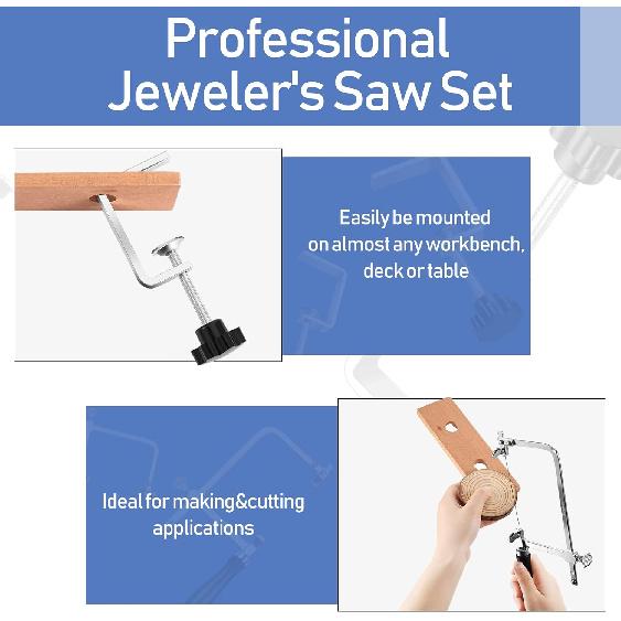 Jewelers Tools Set Including Jeweler Saw Frame Bench Pin Clamp Diamond Needle File Wooden Ring Clamp and Ring Sizer Mandrel Measuring Tool Jeweler's