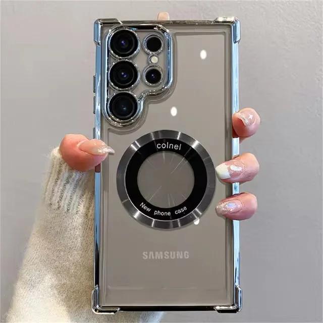 Роскошный магнитный чехол для беспроводной зарядки Samsung S25 S24 Ultra S23 FE S22 Plus, прозрачный противоударный защитный чехол для камеры