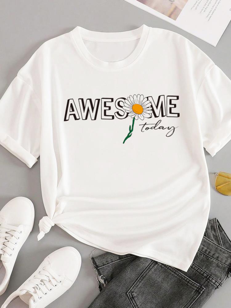 (Азиатский размер) Футболки Мода Круглый вырез Женская надпись тренд милая Повседневная Женский топ Футболка Одежда Принт Короткий рукав Графическая футболка