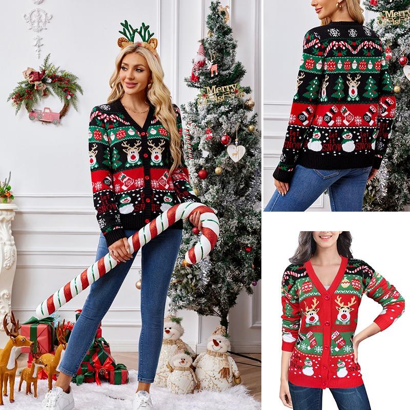 Осенне-зимний женский вязаный кардиган свитер с рождественским принтом повседневный однобортный трикотажный свитер с длинными рукавами и V-образным вырезом