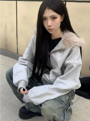 Harajuku повседневные меховые лоскутные толстовки с капюшоном женские эстетические свободные карманы уличная одежда пальто гранж осенние толстовки