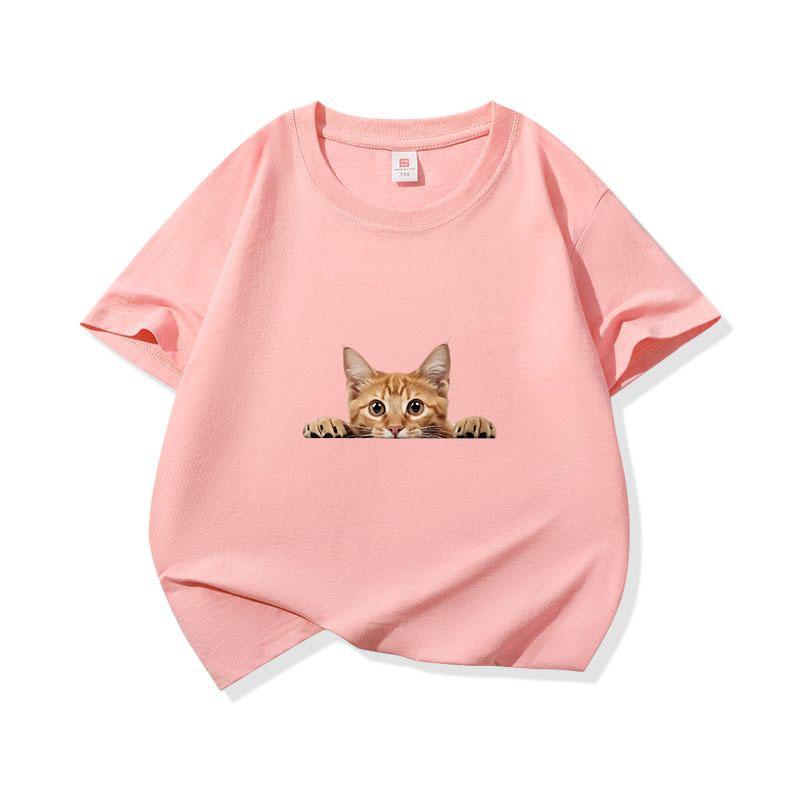 Kids Cotton T Shirt Playful Peeking Orange Tabby Cat Graphic Crew Neck Short Sleeve Tee Casual Breathable Boys Girls Summer Tops