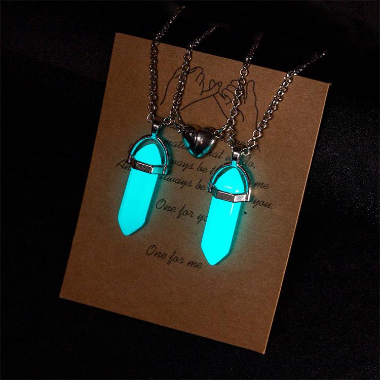 2 шт./комплект Светящийся шестиугольный столбик Сердце Подвеска Магнитное ожерелье для пары Натуральный камень Геометрическая подвеска Ожерелье Ювелирные изделия Подарки