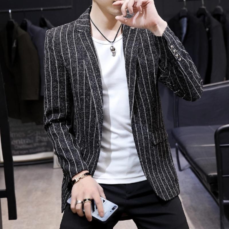 Весенне-осенний полосатый костюм, мужской молодежный приталенный маленький пиджак, формальный одинарный топ, куртка с длинным рукавом, деловой