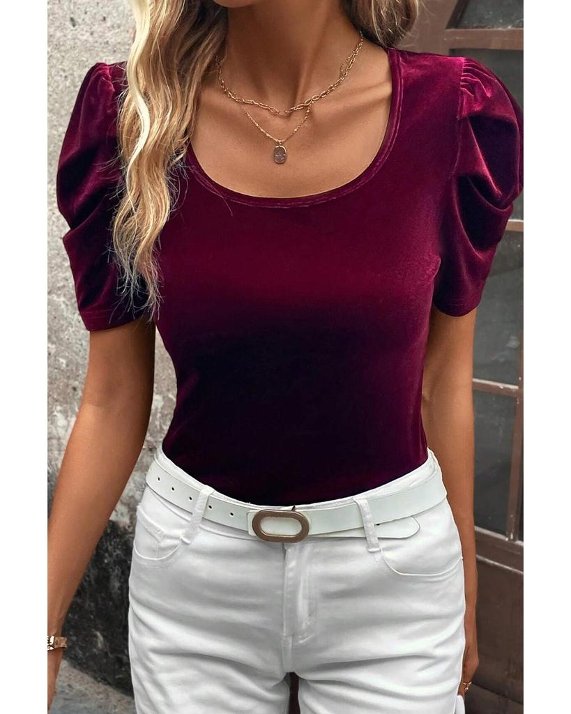 Azura Exchange Burgundy Short Puff Sleeve Velvet Top