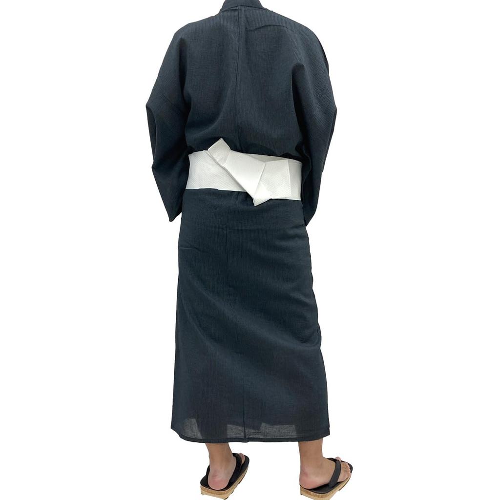 Мужской комплект юката из двух предметов Kyoto Kimono Yuzen, черный хлопок с плетением сидзира, квадратный оби на липучке, цвет чернил (Вертикальные полосы), Размер M