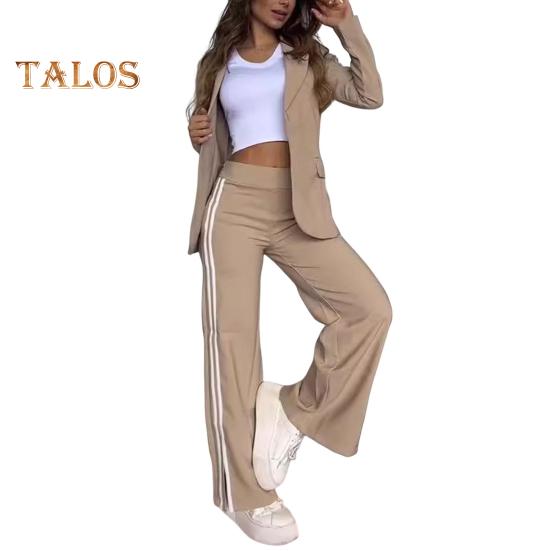 Комплект из 2 предметов: пальто и брюки для леди, отложной воротник, длинные рукава, свободные полосатые брюки с широкими штанинами, повседневная одежда для поездок на работу