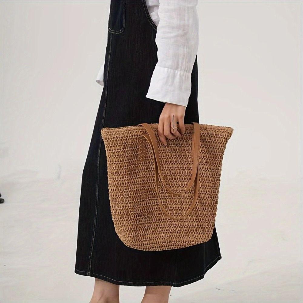Zipper Beach Bag Bohemian Style Raffia Shoulder Bag Simple Weave Straw Tote Bag  Shopping