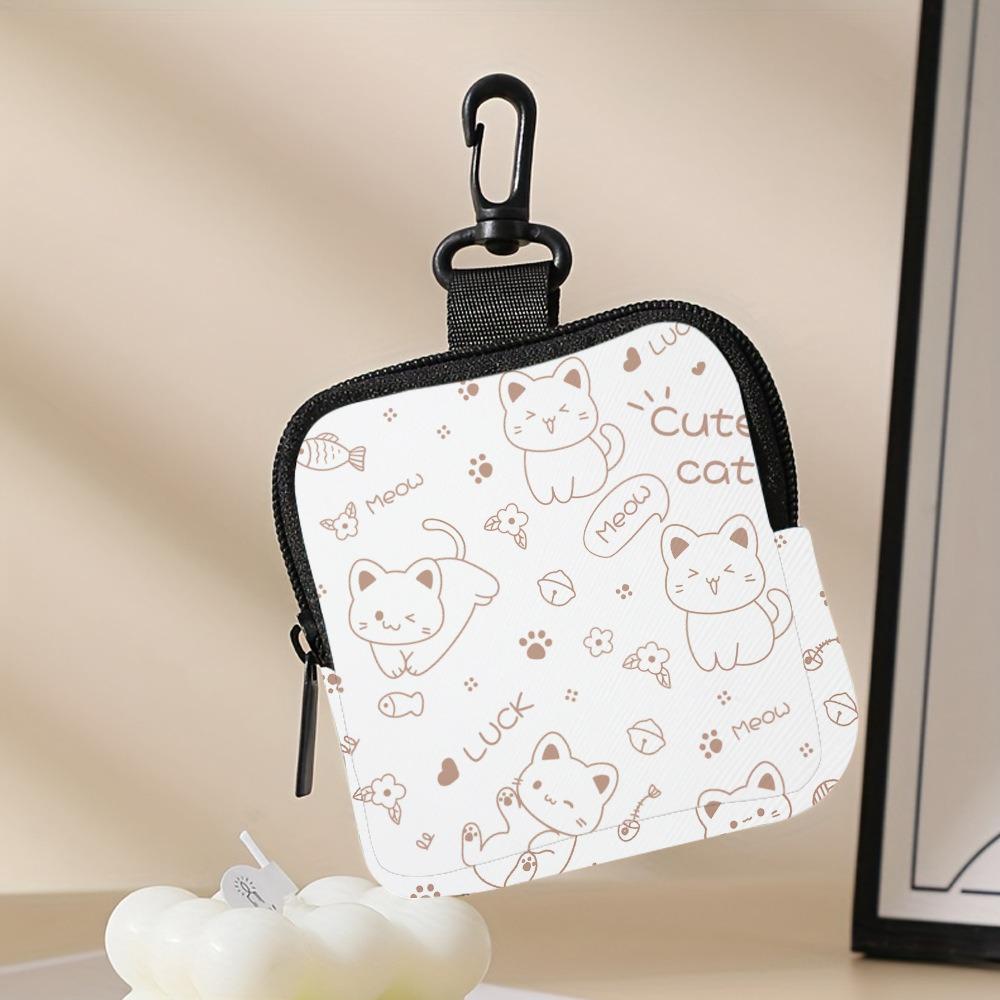 Large Capacity Cute Cat Print Portable Coin Purse Waterproof Faux Leather Mini Earphone Case with Key Ring Multifunctional