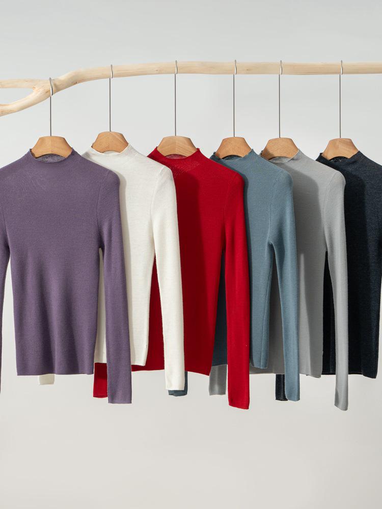 Women's Slim Fit Pure Wool Knit Pullover - Soft, Skin-Friendly, Long Sleeve Base Layer for Autumn/Winter