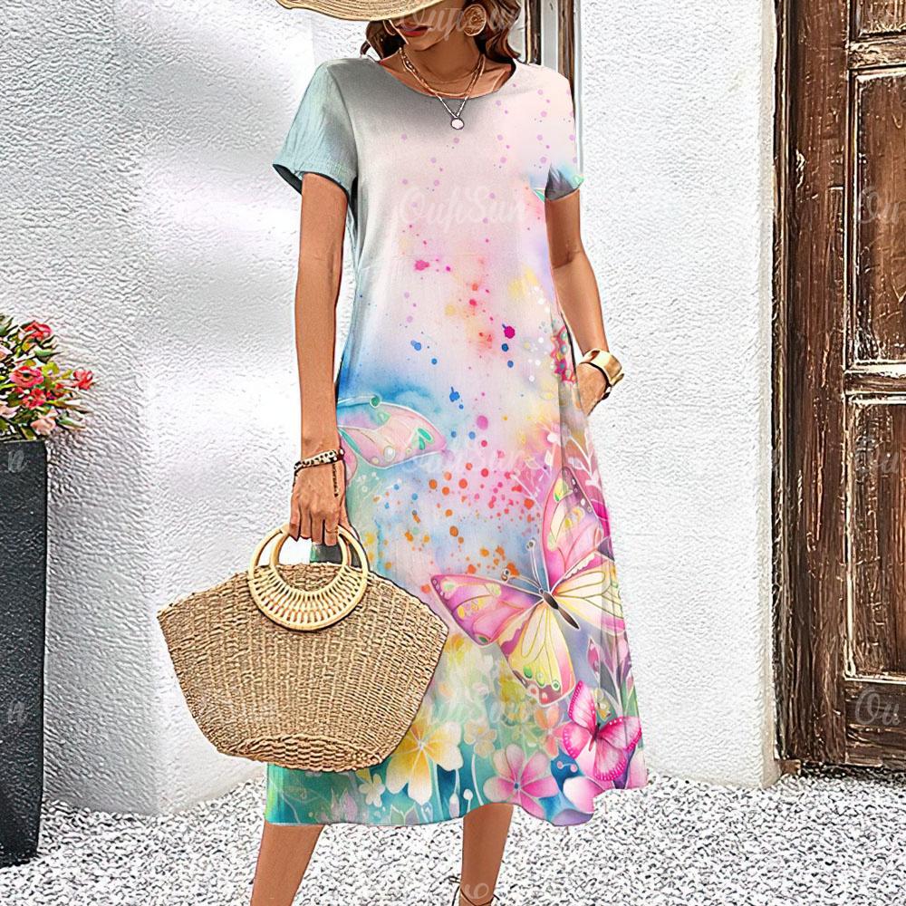 Summer Short Sleeves Dresses Women Clothing Loose A-Line Skirt Classy Dress Butterflies 3d Print Woman Clothing Fashion Pullover
