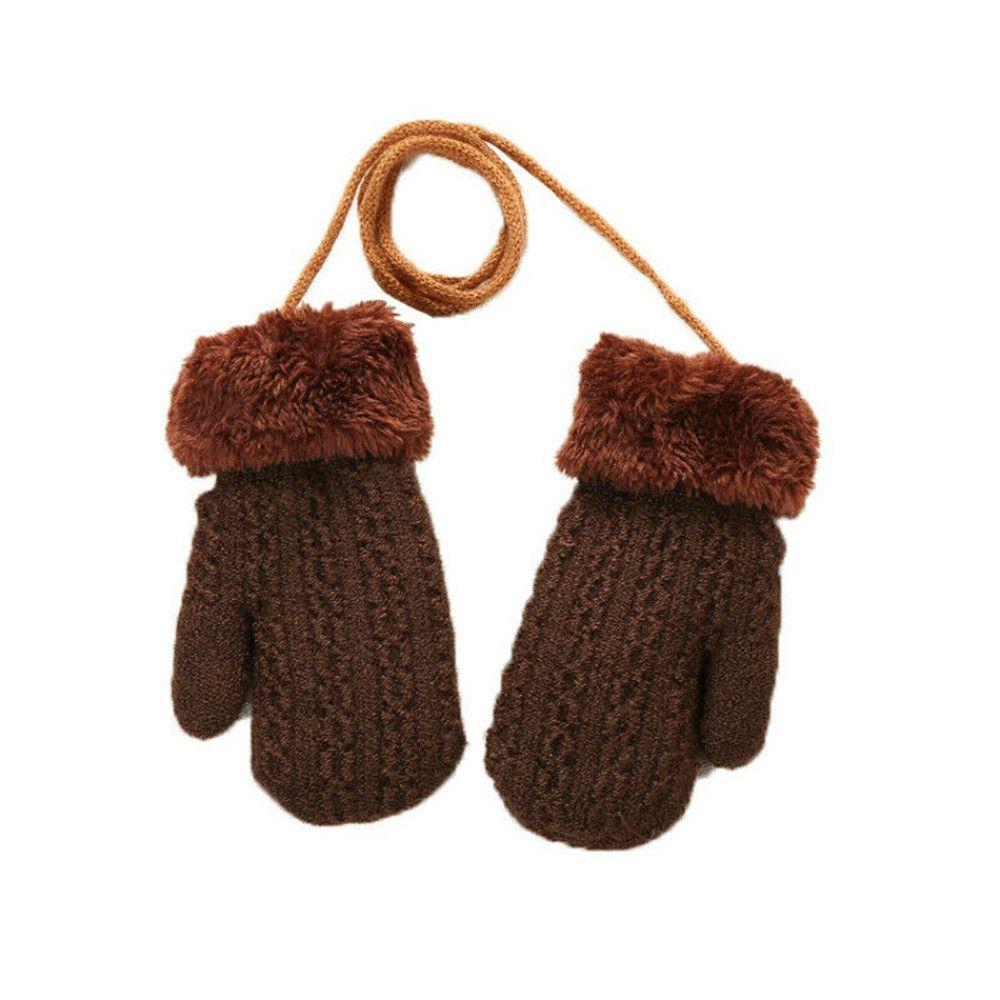 1-4 Years Baby Boys Girls Faux Fur Hanging Neck Cute Cartoon Knitted Mittens Kids Gloves Thick Warm