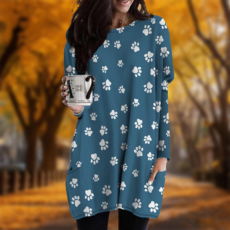 Новинка осени однотонное платье большого размера с принтом собачьей лапки, женское повседневное платье с круглым вырезом и длинными рукавами и карманами