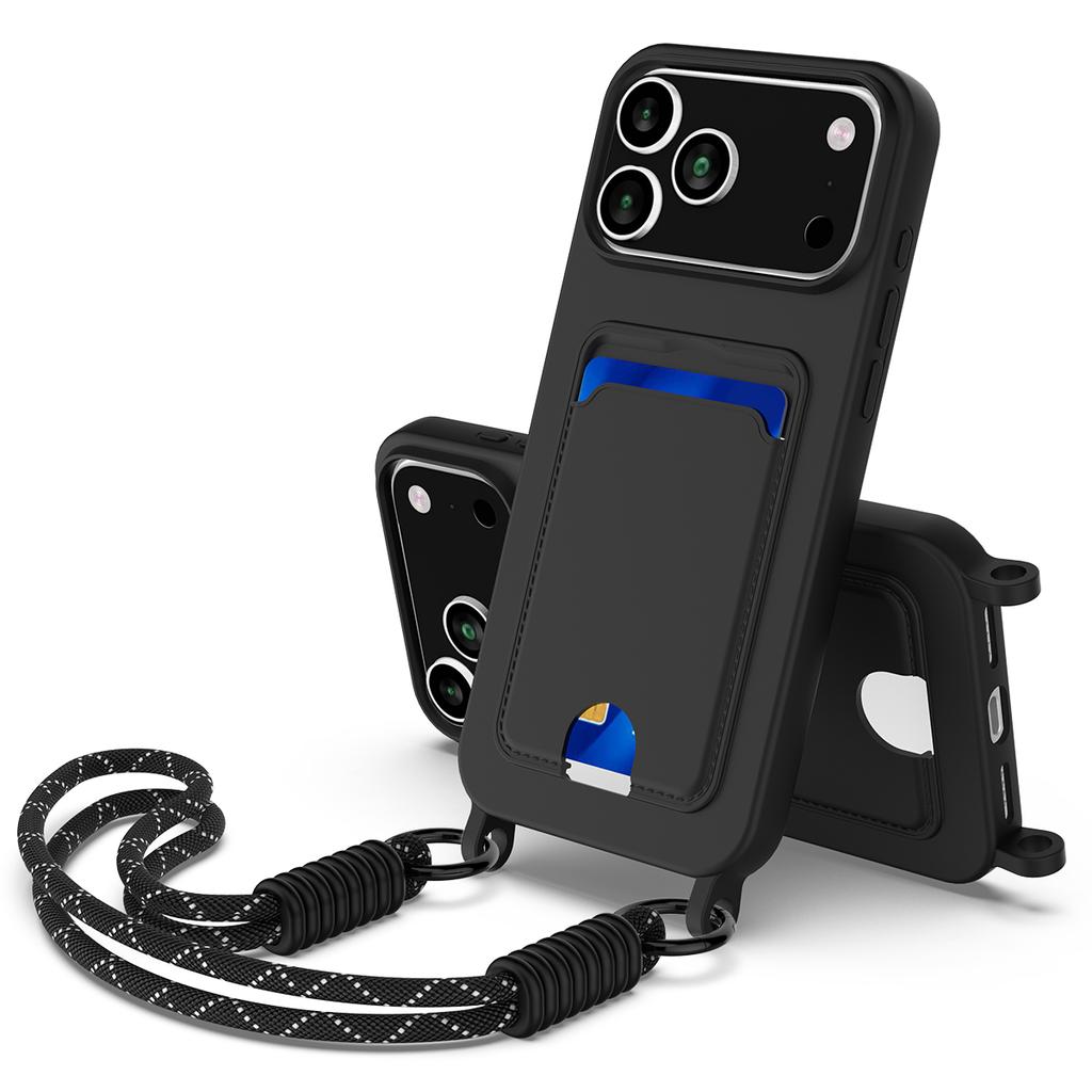 For iPhone 17 Pro Max Case Liquid Silicone Card Holder Phone Back Cover with Wrist Strap