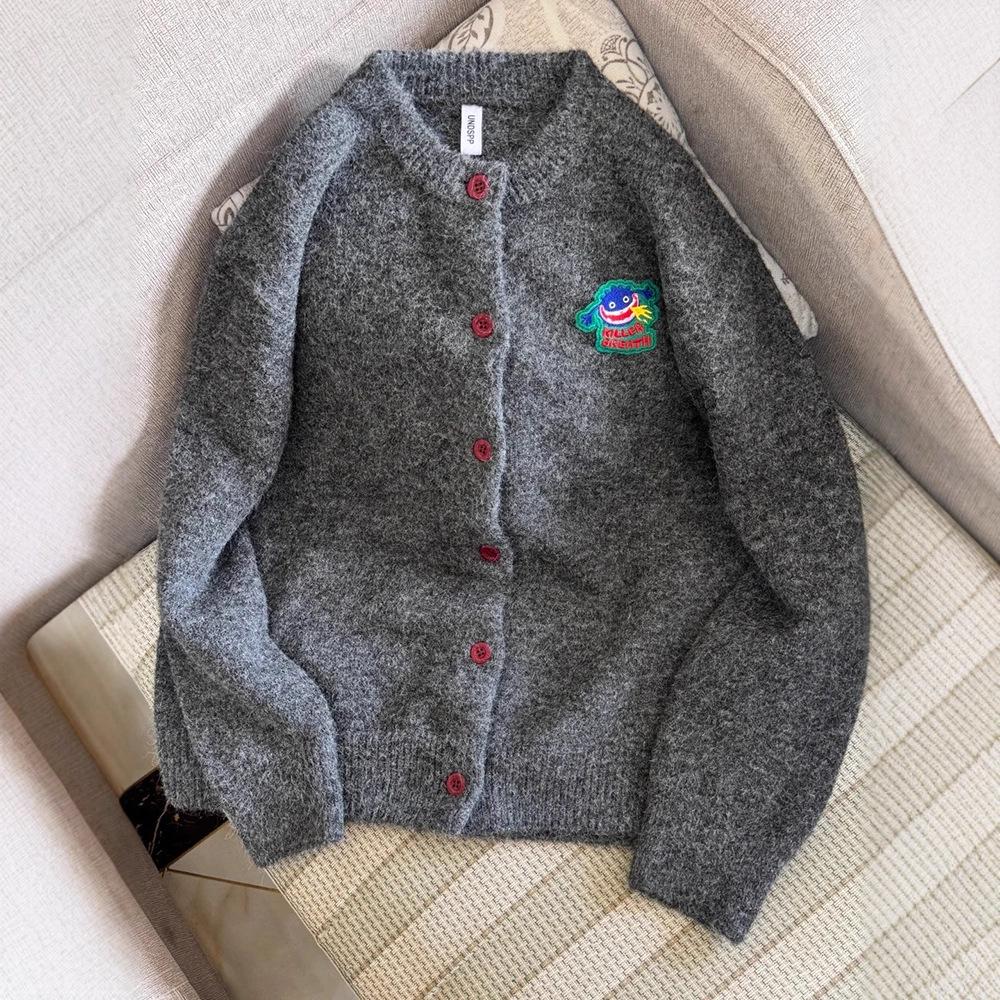 Серый вязаный кардиган с мультяшной вышивкой - Модная повседневная одежда для осени/зимы