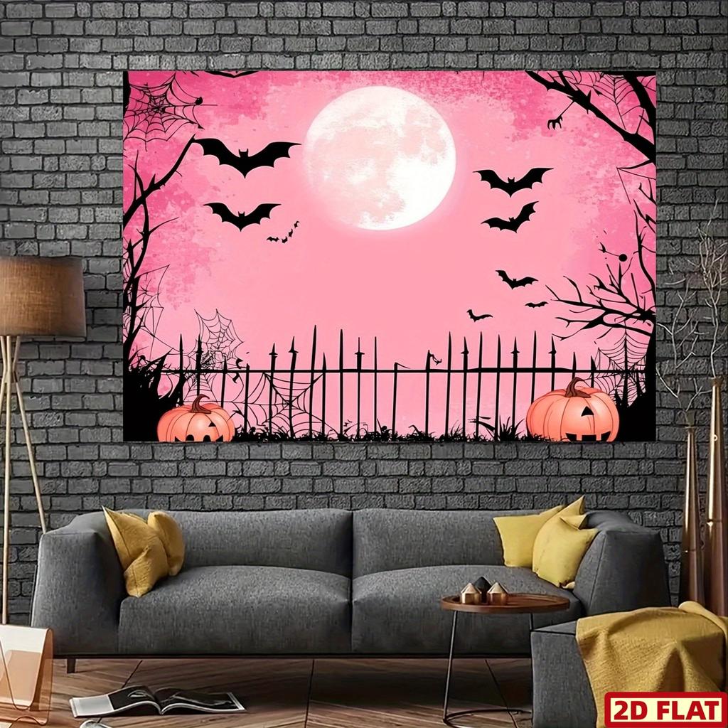 2D flat banner, 1 piece of pink moon Halloween party background, pink moon Halloween party banner