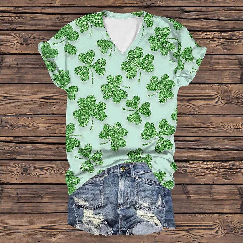 Женская повседневная свободная одежда St. Футболка с короткими рукавами и V-образным вырезом с принтом ко Дню Святого Патрика