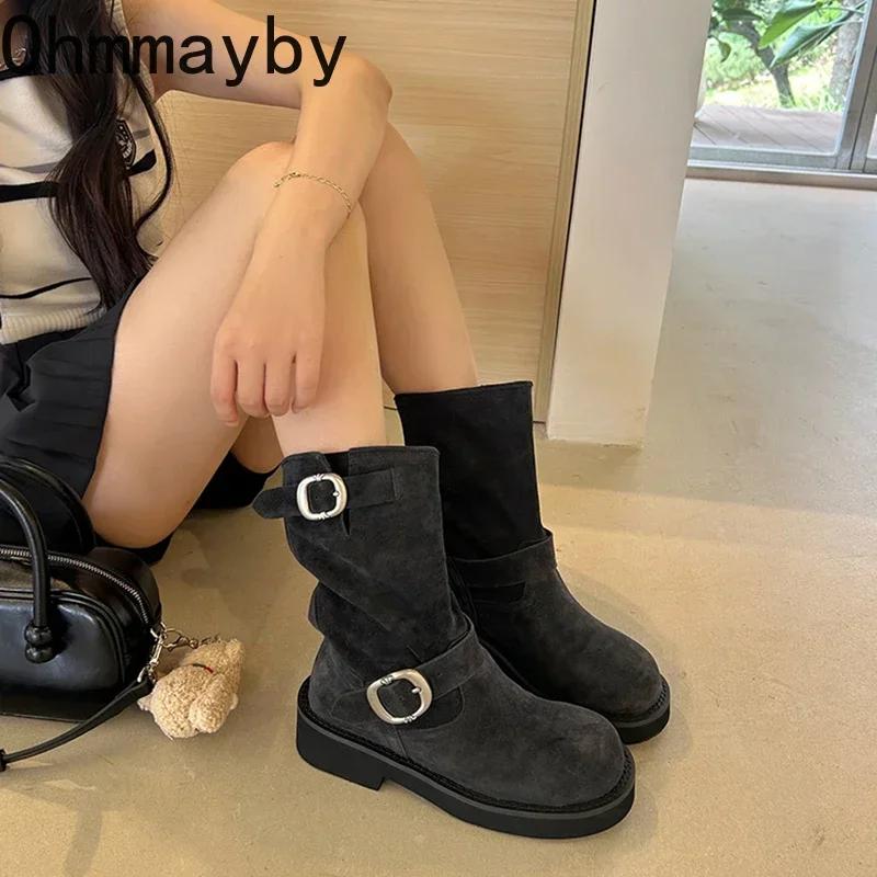 Fashion Retro Style Women Motorcycle Boots Fashion Metal Buckle Platform Heel Short Booties Winter Comfort Women's Footwear