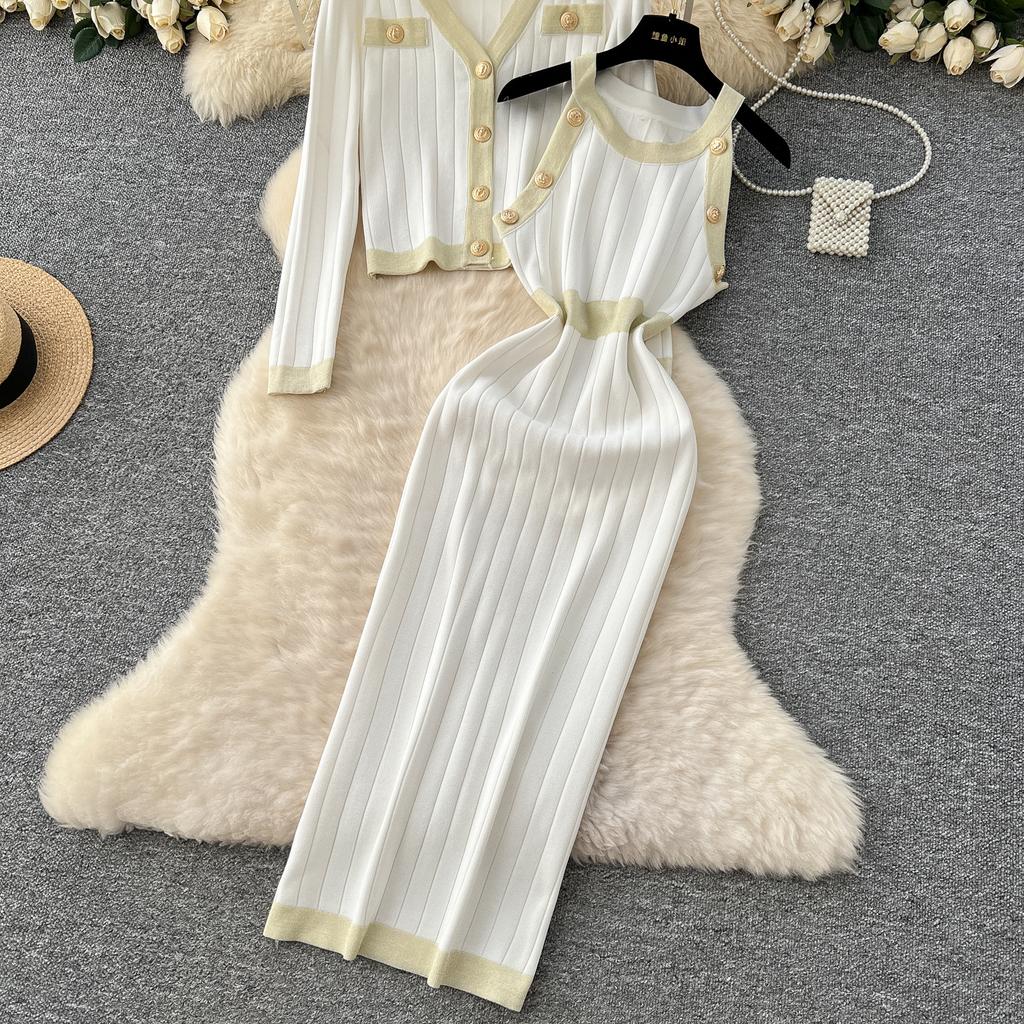 Autumn Winter Women Knitted Sweater Two Piece Set V-neck Jacket Coat and Sleeveless Long Midi Slim Bodycon Sheath Dress Suit