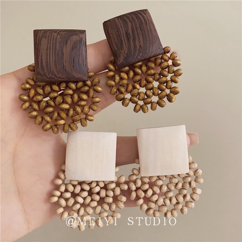 Геометрические серьги из французских деревянных бусин в стиле ретро — праздничная мода высокого класса