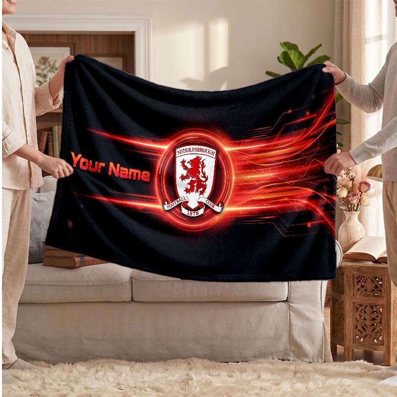 Middlesbrough FC Personalized Fleece Blanket With Football Logo, Custom Name Text Soft Warm Home Throw Blanket