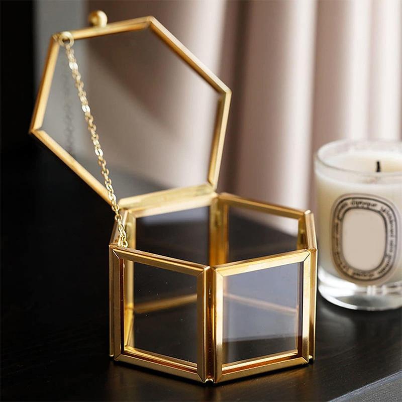 High-End Hexagonal Ring Box, Gold And Jewelry Accessory Box, Golden Glass Luxurious And Retro Jewelry Storage Box