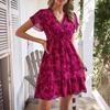 Summer V-Neck Ruffled Dress with Waist Print for Women