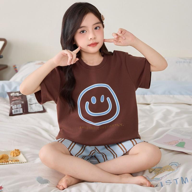 Girls Cotton Pajama Set Short Sleeve Cartoon Print Sleepwear Comfortable Home Wear Kids 8 Years