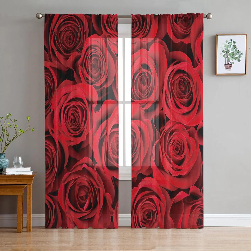 Red Rose Flower Tulle Curtains for Living Room Bedroom Modern Voile Curtain Kitchen Chiffon Sheer Curtains