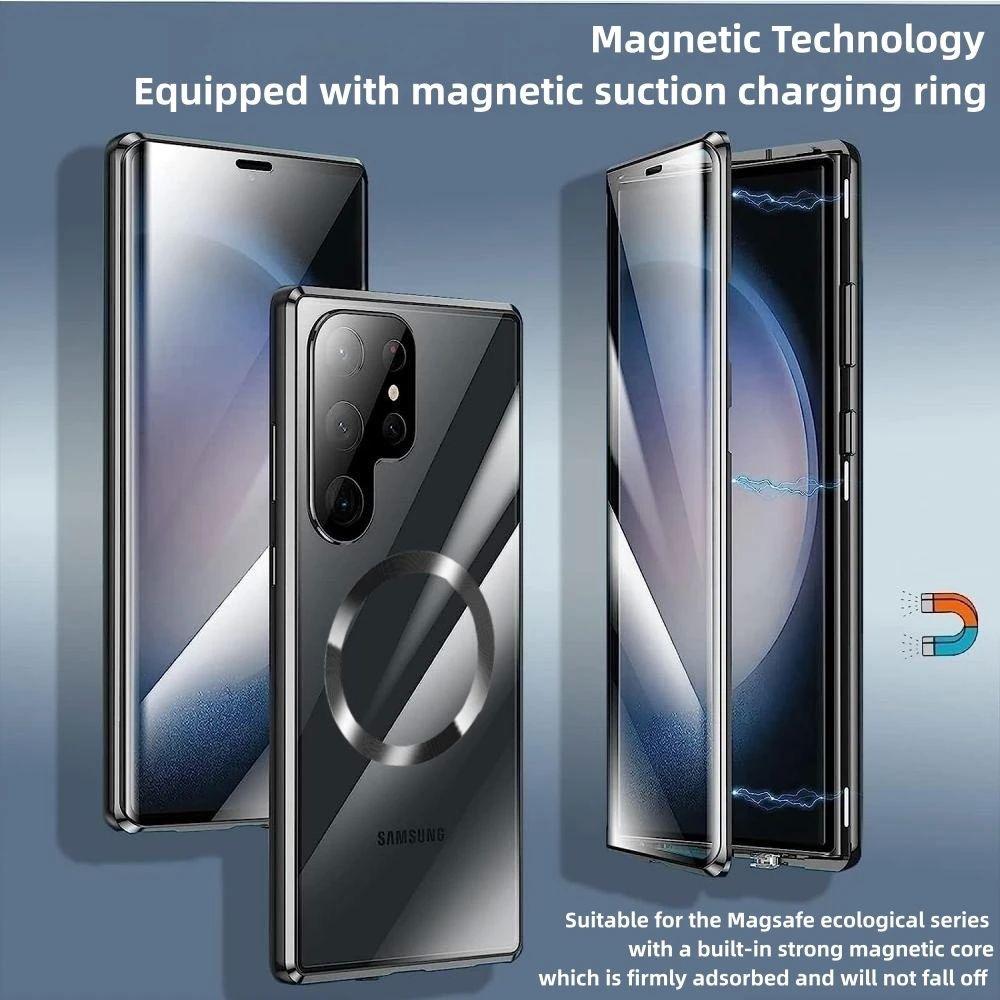 Чехол для Samsung Galaxy S25 Ultra S26 S24 Plus S23 S22 FE, Двустороннее Закаленное Стекло, Магниевый Алюминиевый Сплав, Бампер для Телефона с Беспроводной Зарядкой Magsafe