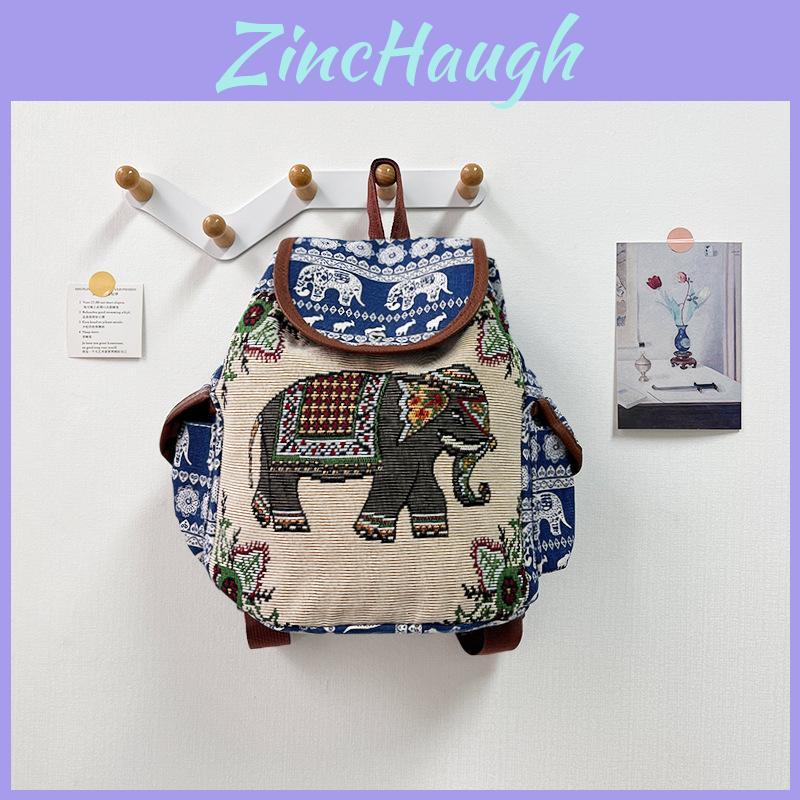Ethnic Style Embroidered Elephant Canvas Backpack With Drawstring Closure For Casual Travel And Daily Use