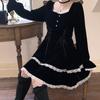 Зимнее кружевное платье Лолиты, вечерние кавайные костюмы, повседневное черное бархатное мини-платье Y2k, готическое черное бархатное цельное платье, Корея