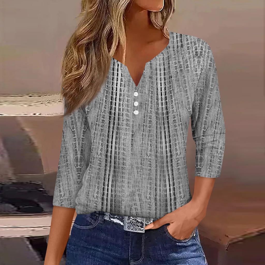 Жен. Футболка Футболка С принтом Пуговицы Рукав 3/4 Повседневные Выходные Мода Классический Классический V-образный вырез Обычный Верх