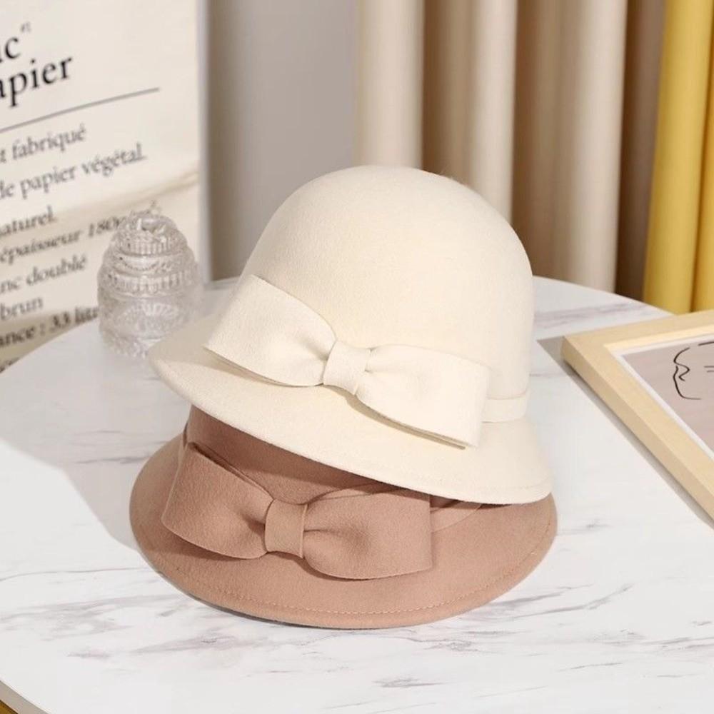 Женская шляпа рыбака во французском стиле, однотонная шерстяная шляпа-ведро, модная шляпа-топ с бантом, для вечеринки