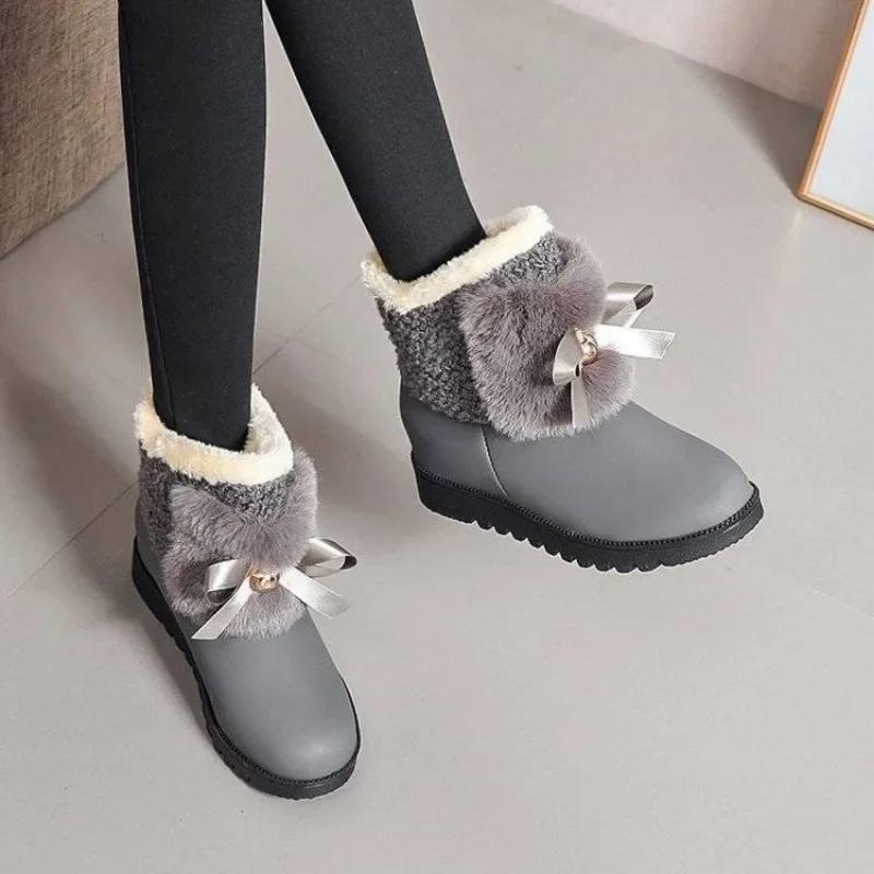 Женские зимние ботинки, ботильоны для женщин, элегантные, на среднем каблуке, ботильоны с лентами и бантом, коричневые, по акции, мода 2024, мех 39